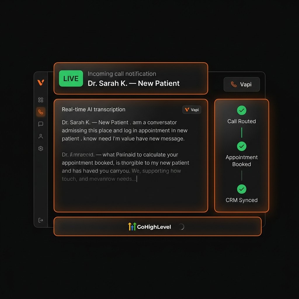 AI receptionist dashboard showing live call being answered, appointment booked, and CRM synced