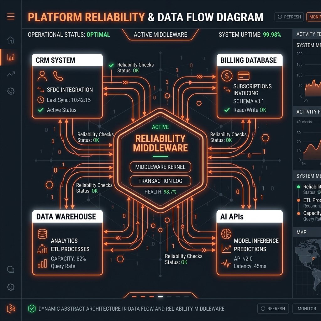 Custom API integration services connecting business systems through a reliability layer