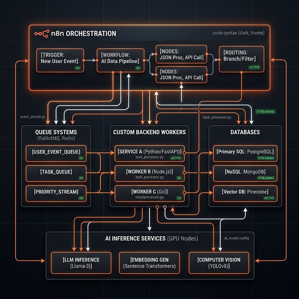 Backend automation architecture with workers, queues, databases, and AI services