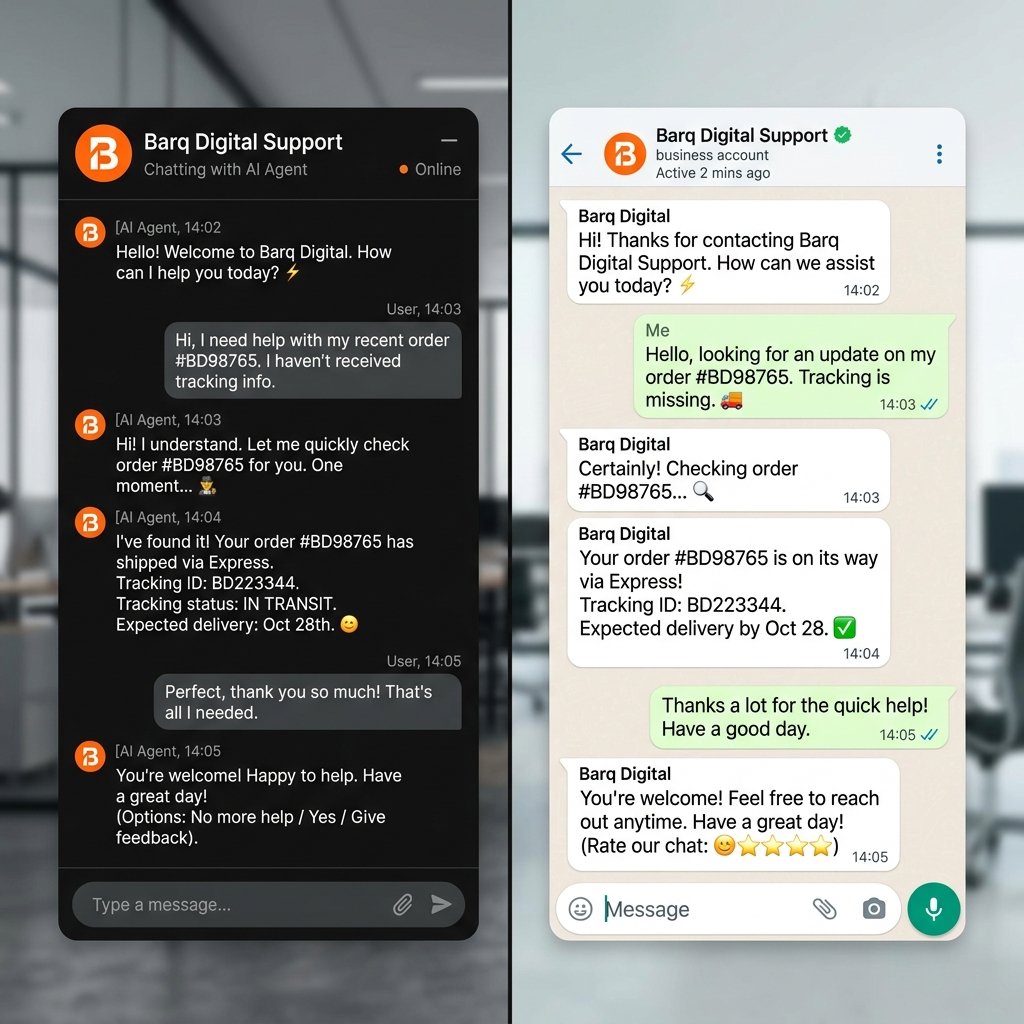 AI customer support chatbot resolving customer tickets across web and WhatsApp